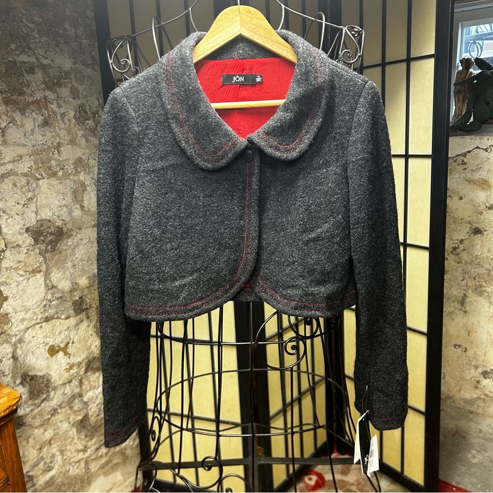 Vintage Jôn Charcoal Gray Wool, Red Stitching, Rhinestone Button Jacket: Size 12